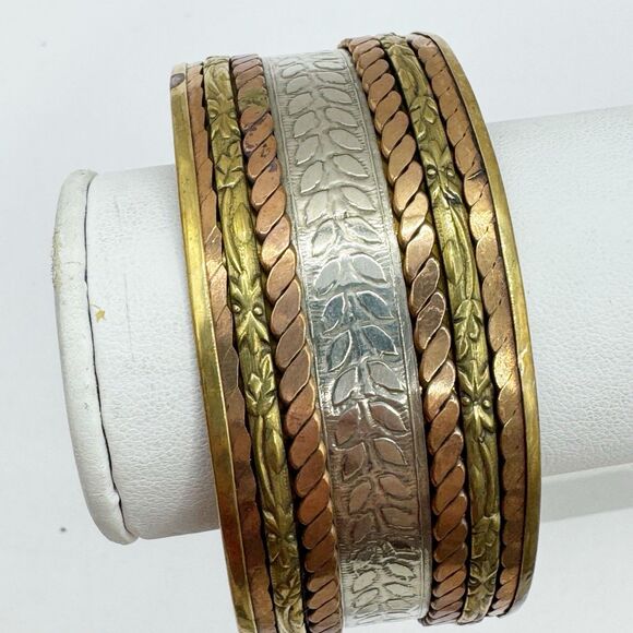 Artisan Chunky Wide Gold Silver Brass Textured Stripes Leaf Bangle Bracelet - Picture 14 of 16